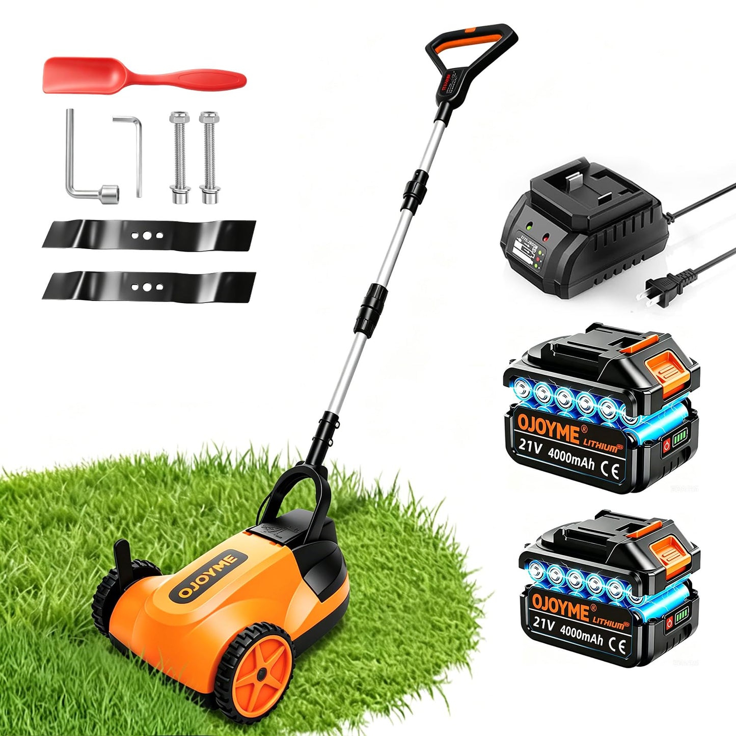 Mini Cordless Lawn Mower, 9 Inch Electric Grass Cutter, Brushless Motor, 2 x 21V 4.0Ah Batteries, 3 Adjustable Cutting Heights, Lightweight Push Mower for Small Yard &amp; Garden (Orange)
