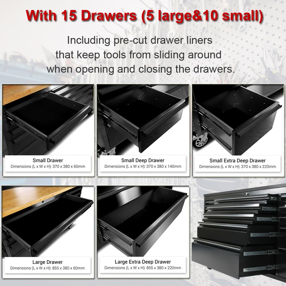 72" Rolling Tool Chest with 15 Drawers, Lockable StoraCabinet, Black Mobile Workbench, Assembled Black LarTool Box with Wheels for GaraWorkshop (1 × HTC7215PC-1)