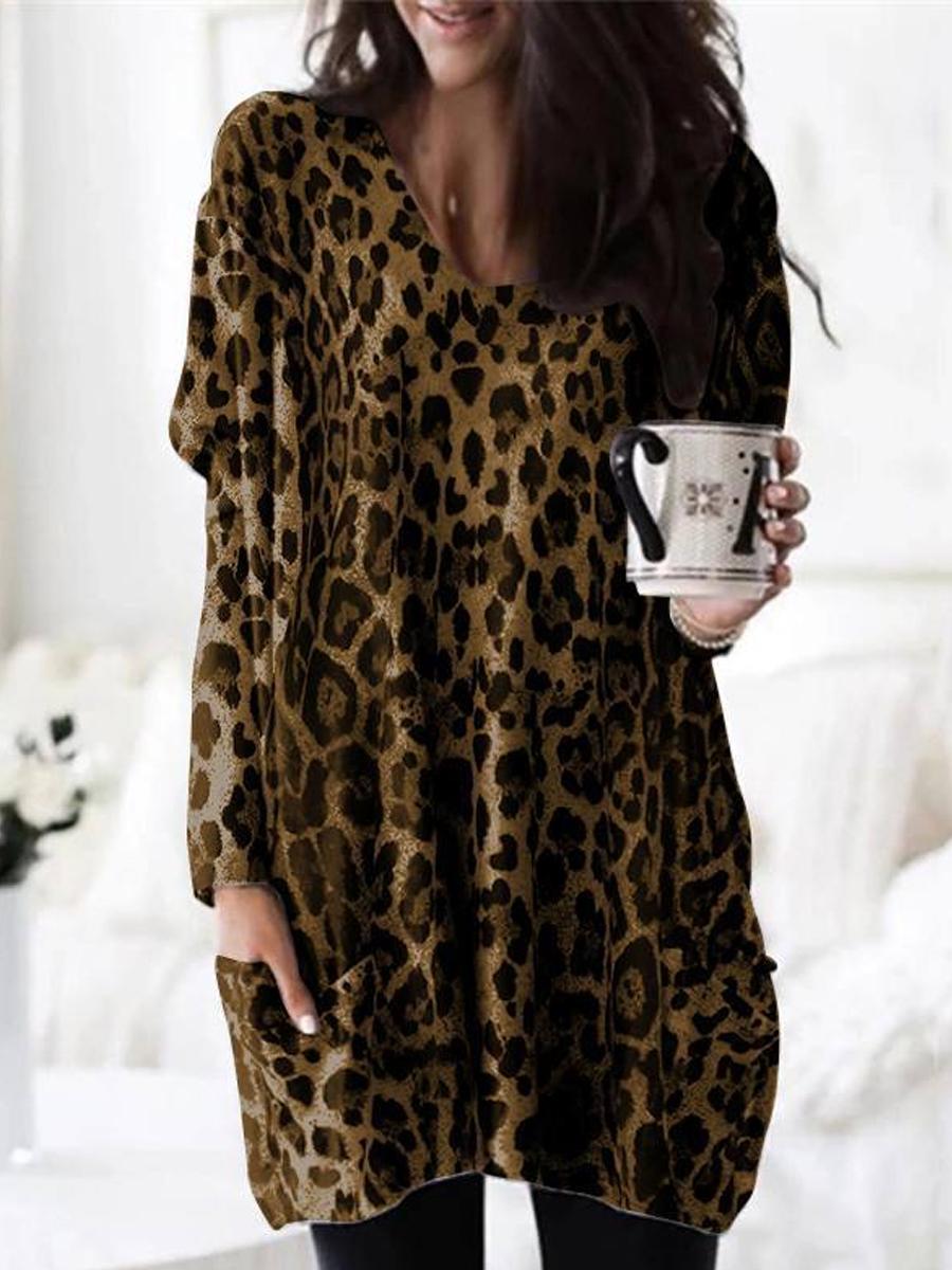 Casual Leopard Print Pocket Long Sleeve T-shirt