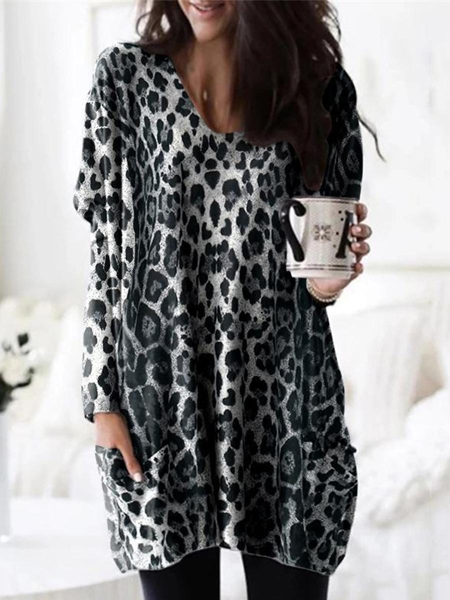 Casual Leopard Print Pocket Long Sleeve T-shirt