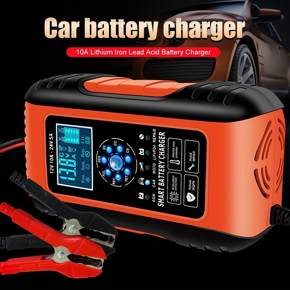 10-Amp Car Battery Charger 12V And 24V Smart Fully Automatic Battery Charger Maintainer Trickle Charger W/ Temperature Compensation For LawnLead Acid