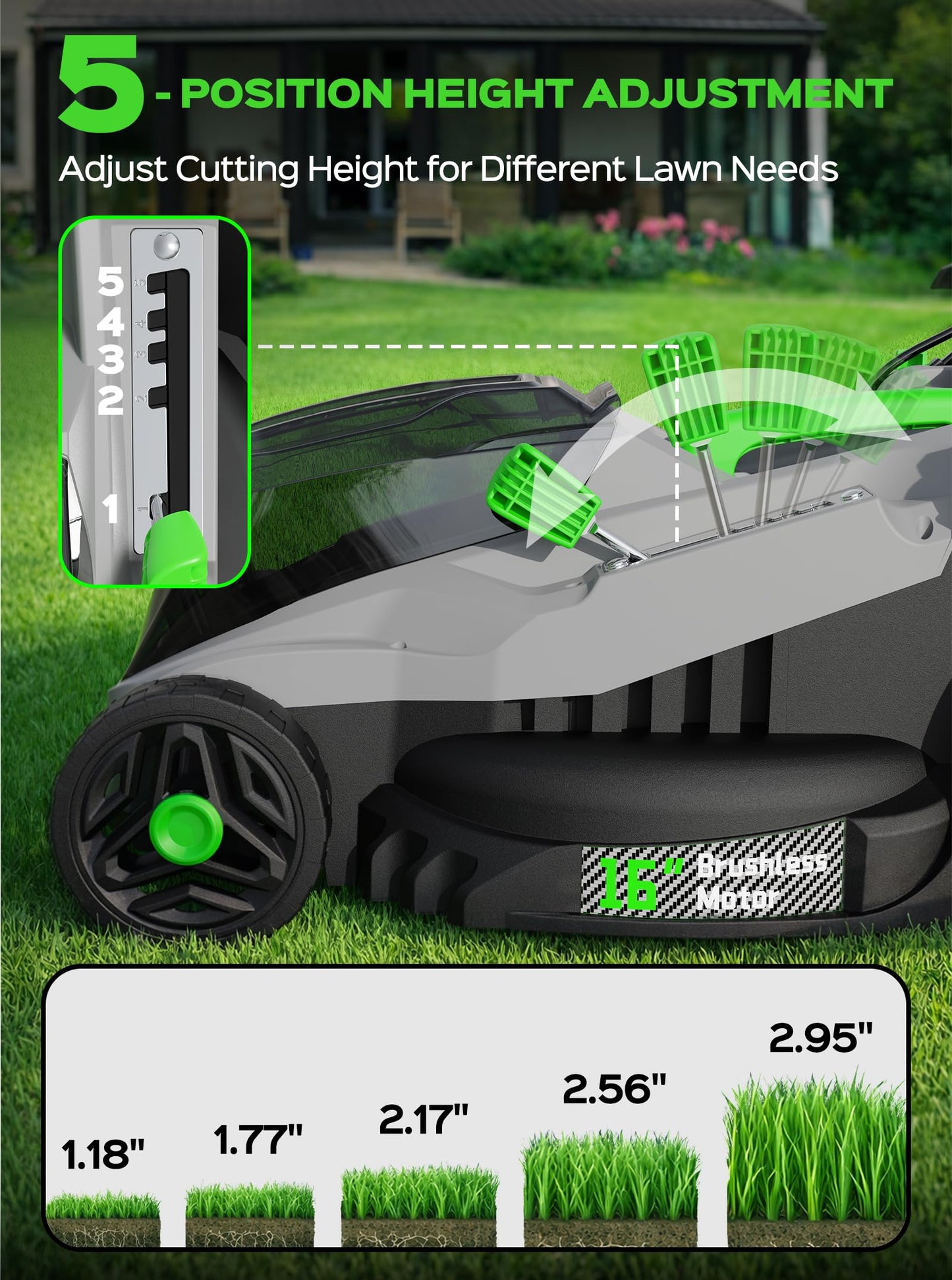 40V 16-Inch Brushless Cordless Lawn Mower with 4.0Ah Battery &amp; Charger, 2-in-1 Electric Push Mower, 5-Position Height Adjustment, Lightweight, Compact Storage, for Small Yards - Green