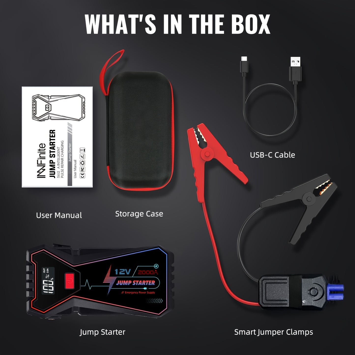 2000A Peak Current Jumper Cables Kit For Car Upto 12V 2.11gal Gas/1.59gal Diesel Engine With USB  Charging And  LED Jump Starter Battery Pack