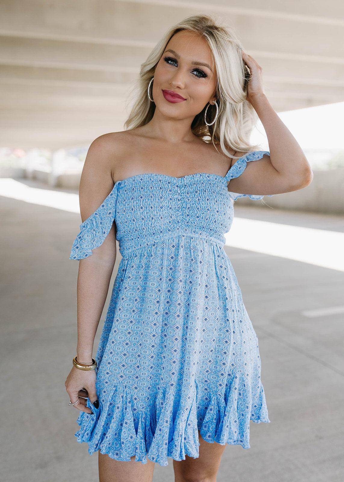 baby blue smocked mini dress