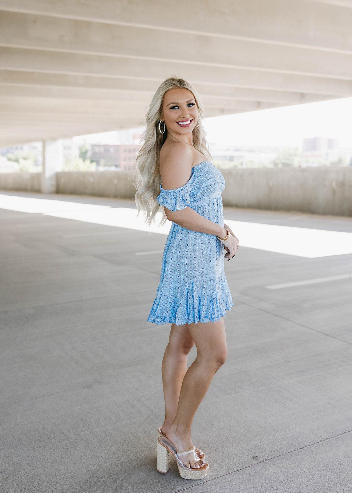 baby blue smocked mini dress