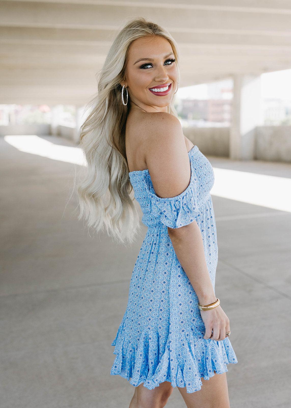 baby blue smocked mini dress