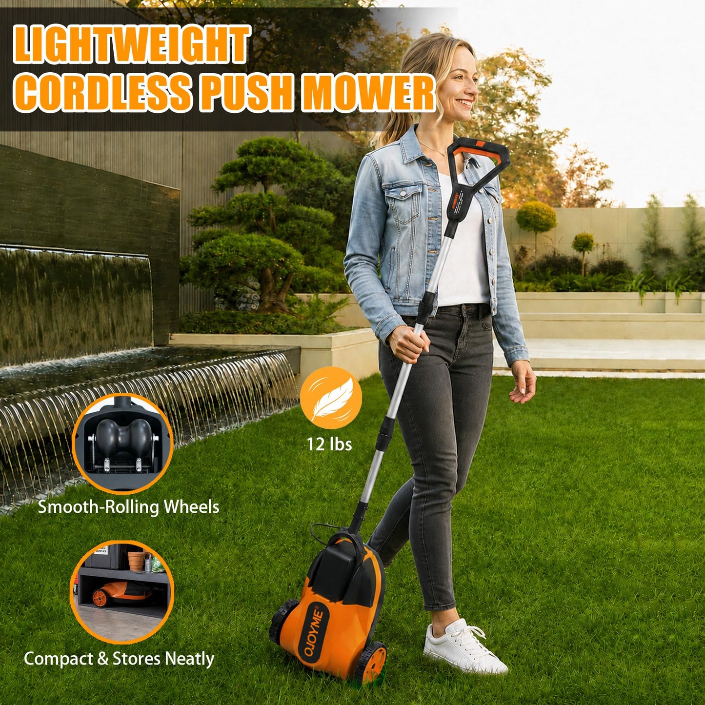 Mini Cordless Lawn Mower, 9 Inch Electric Grass Cutter, Brushless Motor, 2 x 21V 4.0Ah Batteries, 3 Adjustable Cutting Heights, Lightweight Push Mower for Small Yard &amp; Garden (Orange)