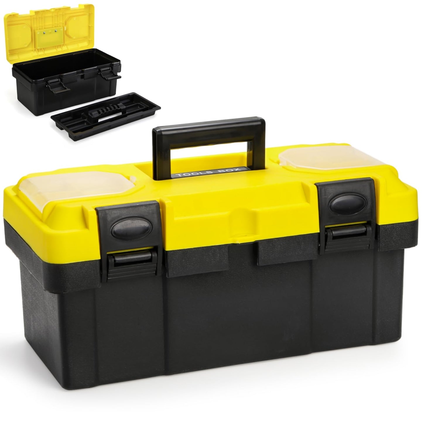 16 Inch Plastic Tool Box with Handle, Portable Toolbox with Removable Tray and Lockable , Heavy Duty Toolbox Organizer with Small Parts Box for Household Workshops Garages, Black Yellow