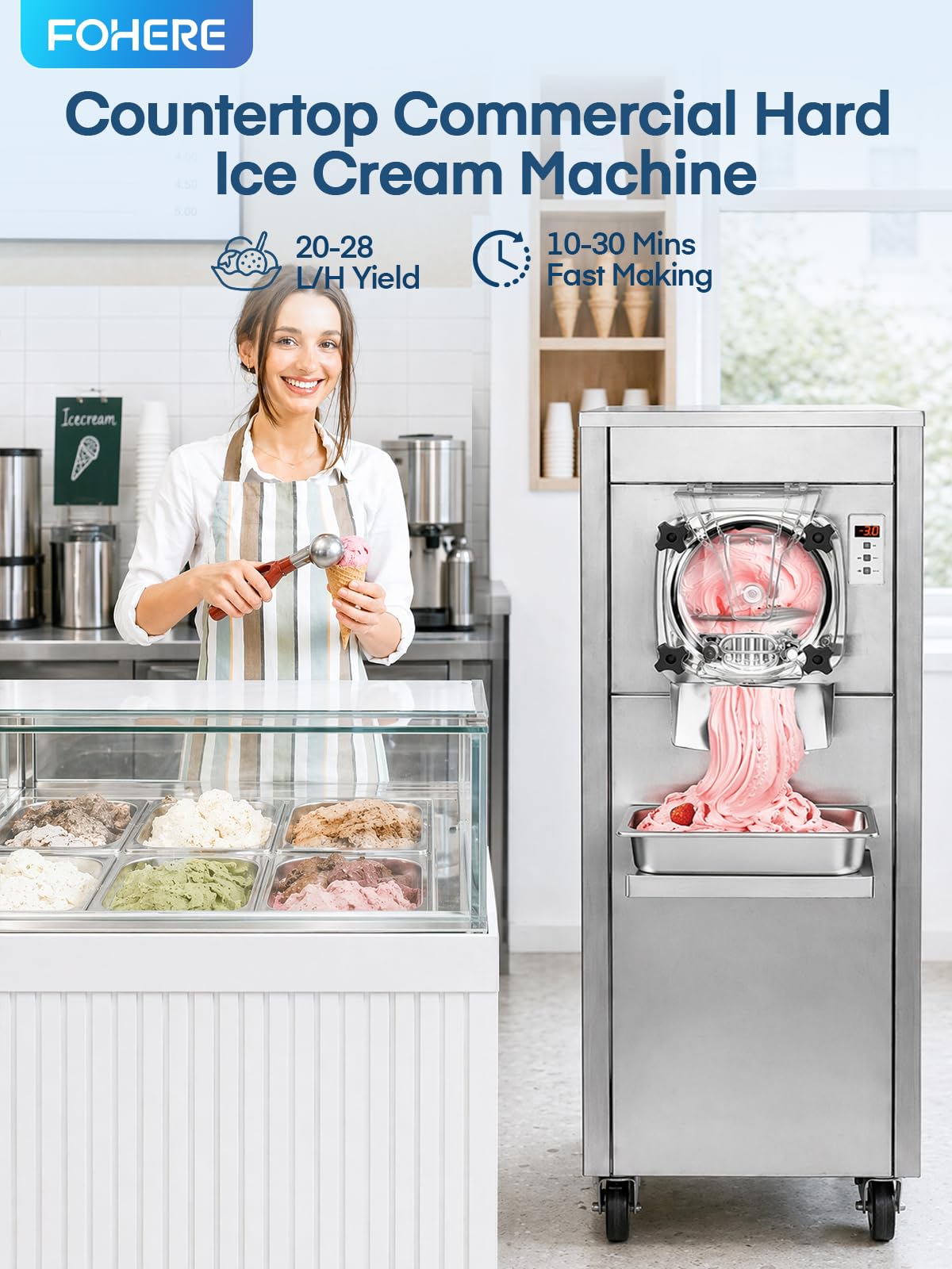 Commercial Ice Cream Machine 2000W, 20-28 L/H Yield Gelato Hard Serve Ice Cream Maker with 7L  Steel Cylinder,LED Panel, Timer, Auto Clean for Restaurants Snack cafes