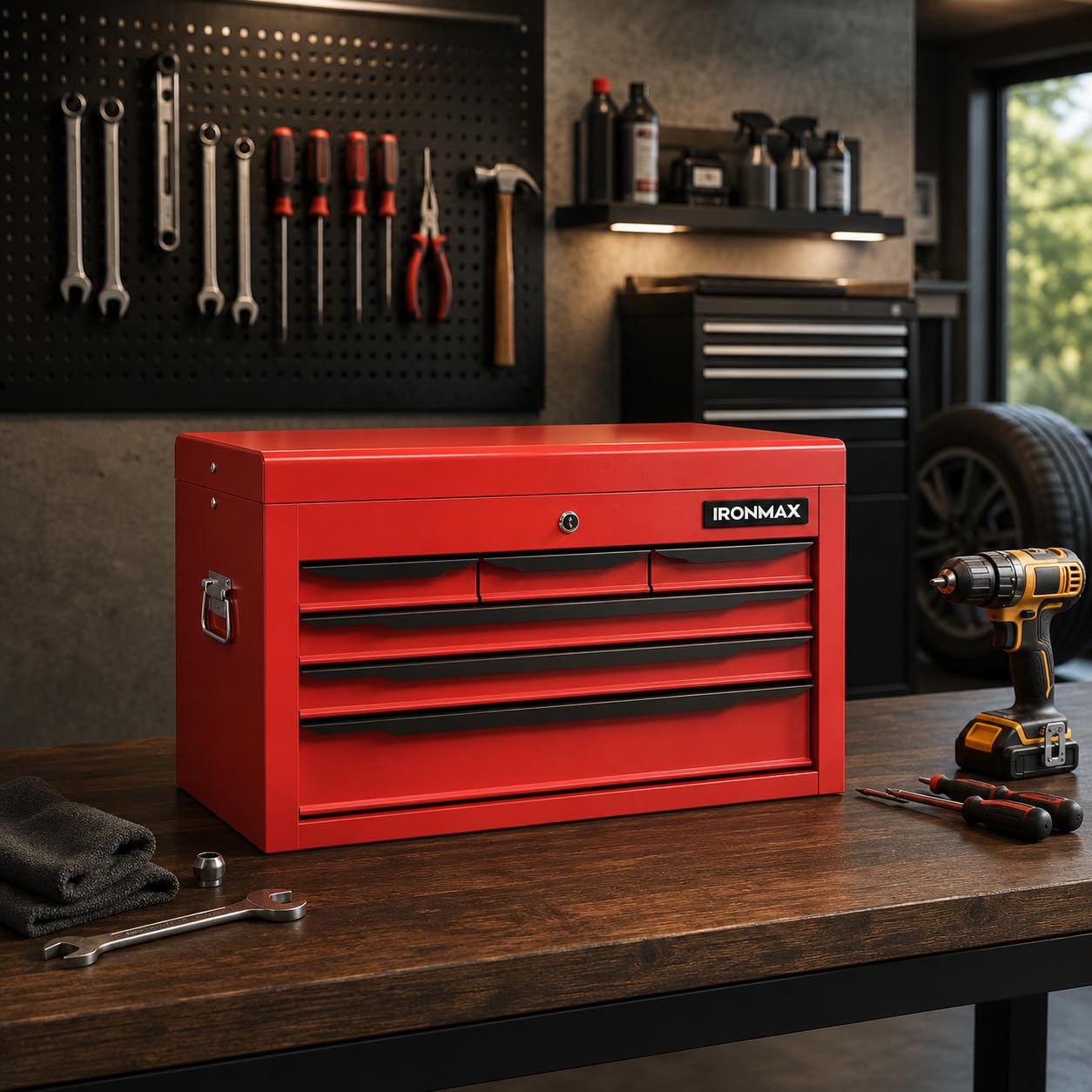 LarMetal Tool Box, Tool Box with 6 Drawers & Top Tray, Heavy-Duty Steel Tool Chest with Auto-LocDrawers and Side Handles for Gara& Workbench, Red
