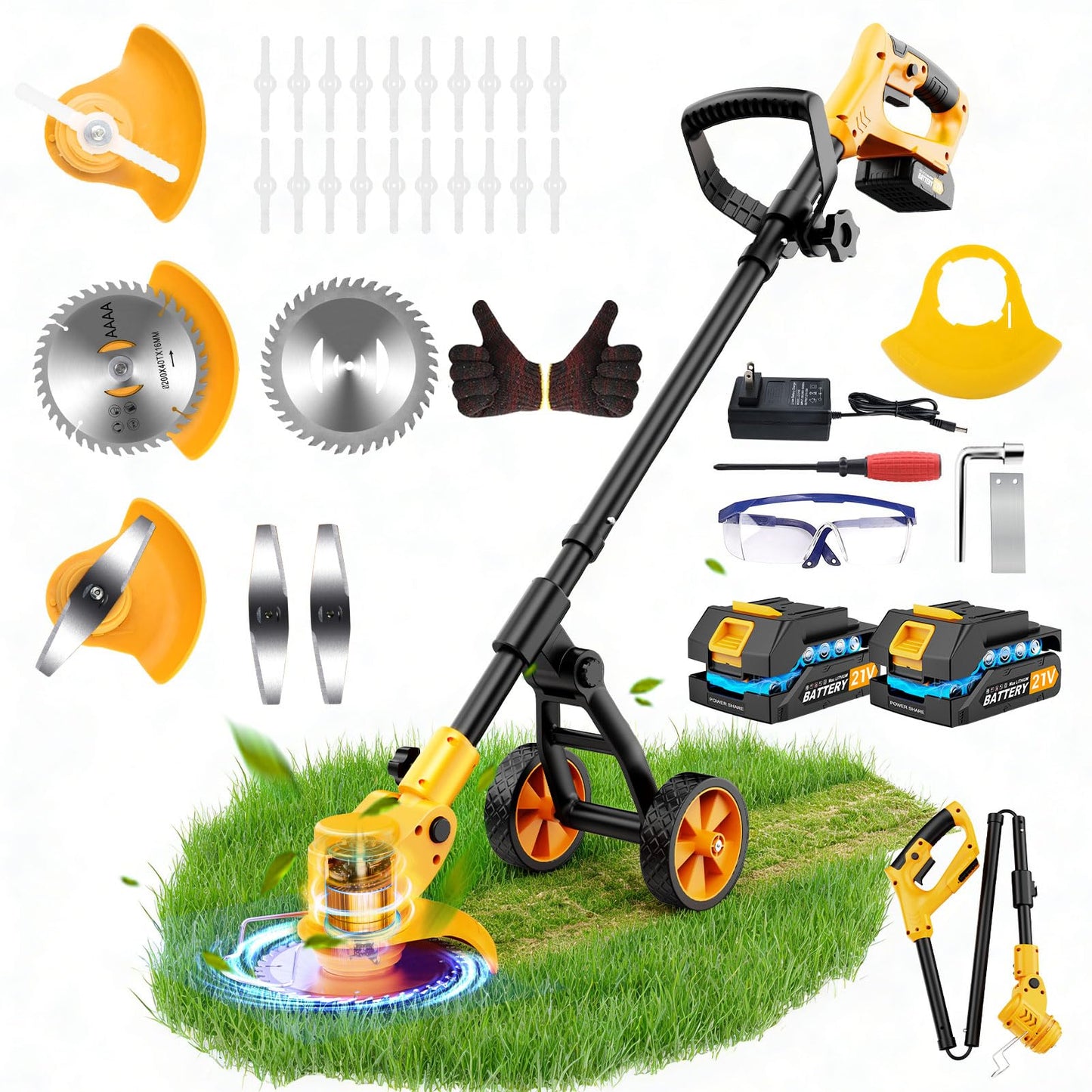 Electric Weed Wacker Cordless with Wheels,Electric Weed Eater Battery Powered,4 in 1 Grass Trimmer/Brush Cutter/Grass Edger/Small Lawn Mower,No String Trimmer with Metal Blade,2 Battery (Yellow)