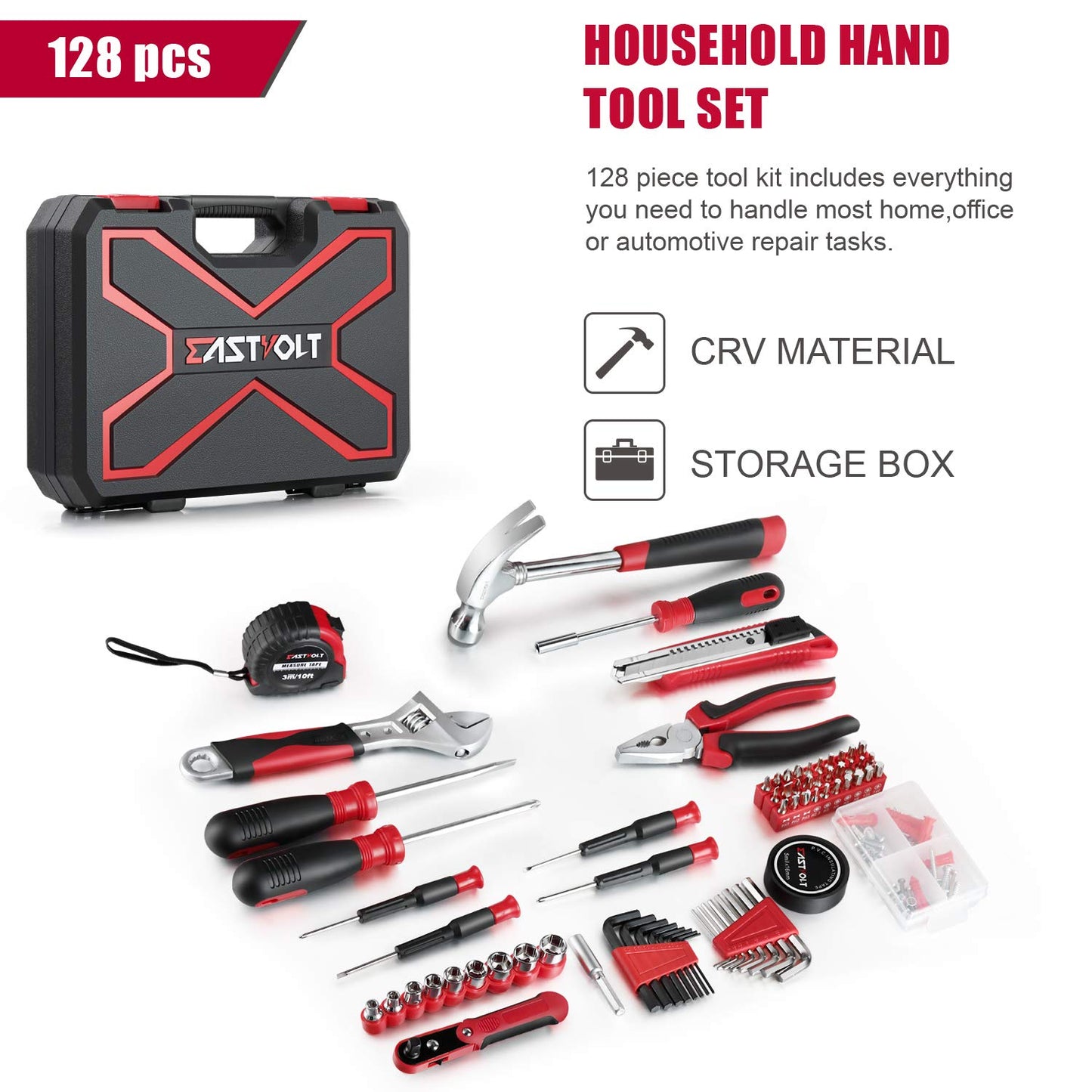 128-Piece Home Repair Tool Set, Tool Sets for Homeowners, General Household Hand Tool Set with StoraToolbox, EVHT12801, Black + Red (ASK01)