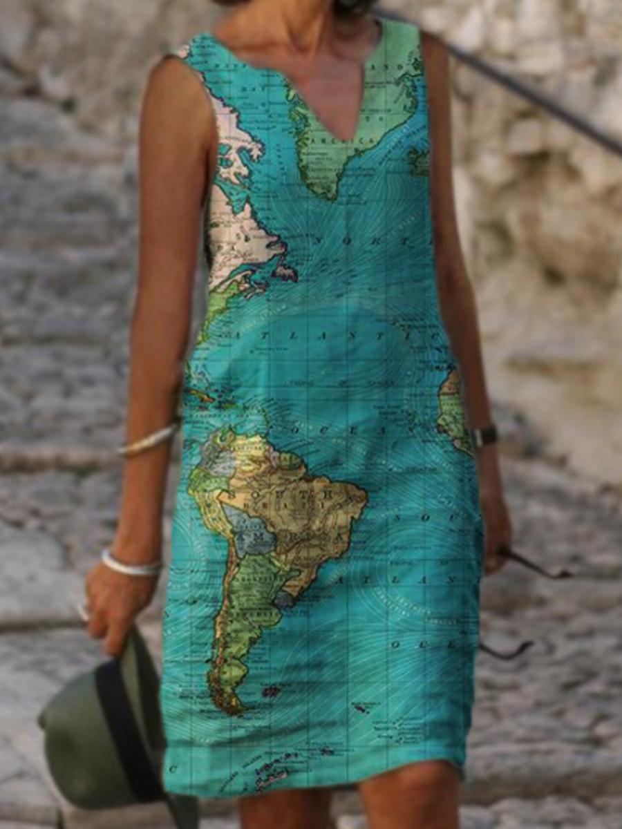 Ladies V-neck Map Print Fashion Shift Dress