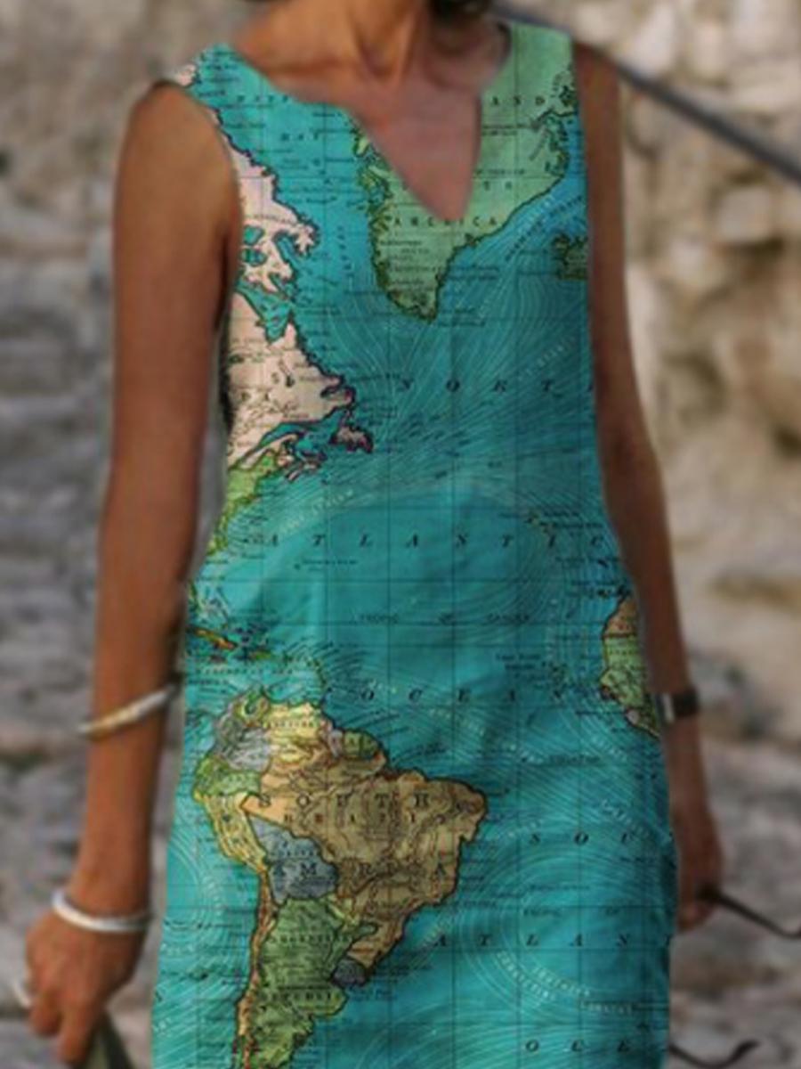 Ladies V-neck Map Print Fashion Shift Dress