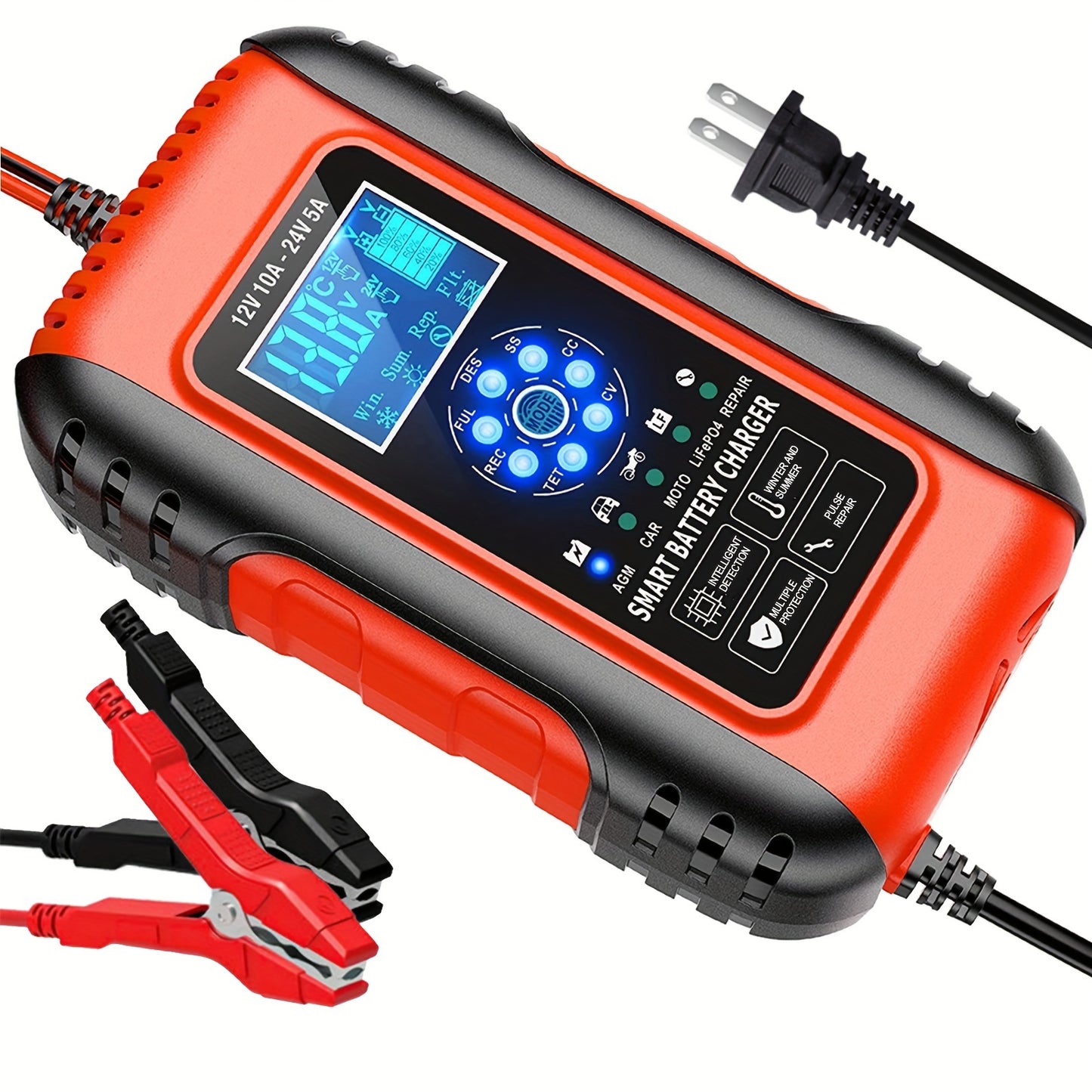 Smart 10-Amp 12V/24V Battery Charger & Maintainer - Temperature Compensated For Cars, Motorcycles, Trucks, Lawn Mowers & Boats