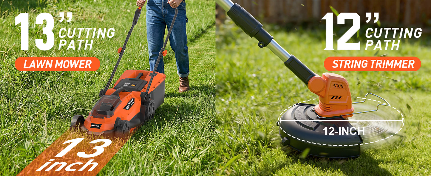 20V 13 Inch Electric Lawn Mower and 12 Inch Cordless Weed Wacker and 600CFM Cordless Leaf Blower Combo, Cordless Lawn Mower Set with 2 x 4.0Ah &amp; 2 x 3.0Ah Batteries and Dual Chargers