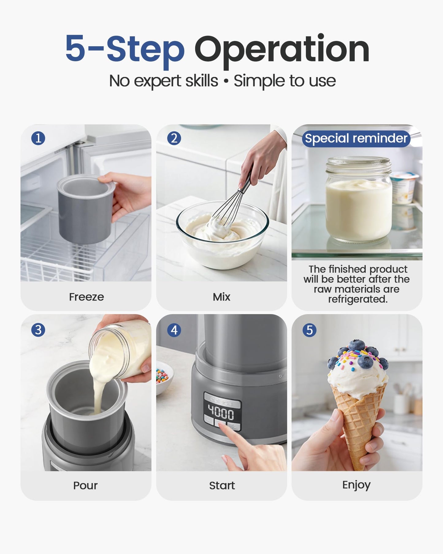 2.1 Qt Countertop Ice Cream Maker – Make Gelato, Sorbet & Frozen Yogurt in as Little as 20–30 Minutes, Fast Cooling, Visible Feeding Port, Easy 3-Button Control (Gray)