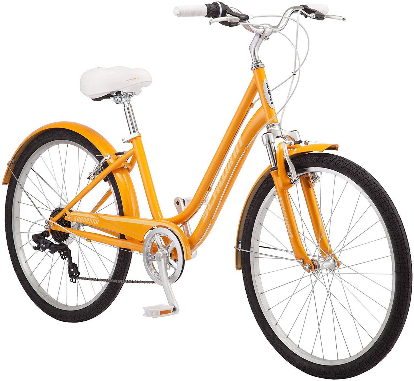 Schwinn Suburban Womens Classic Comfort Bike, 26-Inch Wheels, 7-Speed Drivetrain, 16-Inch Steel Frame, Alloy Linear Hand Brakes, Orange