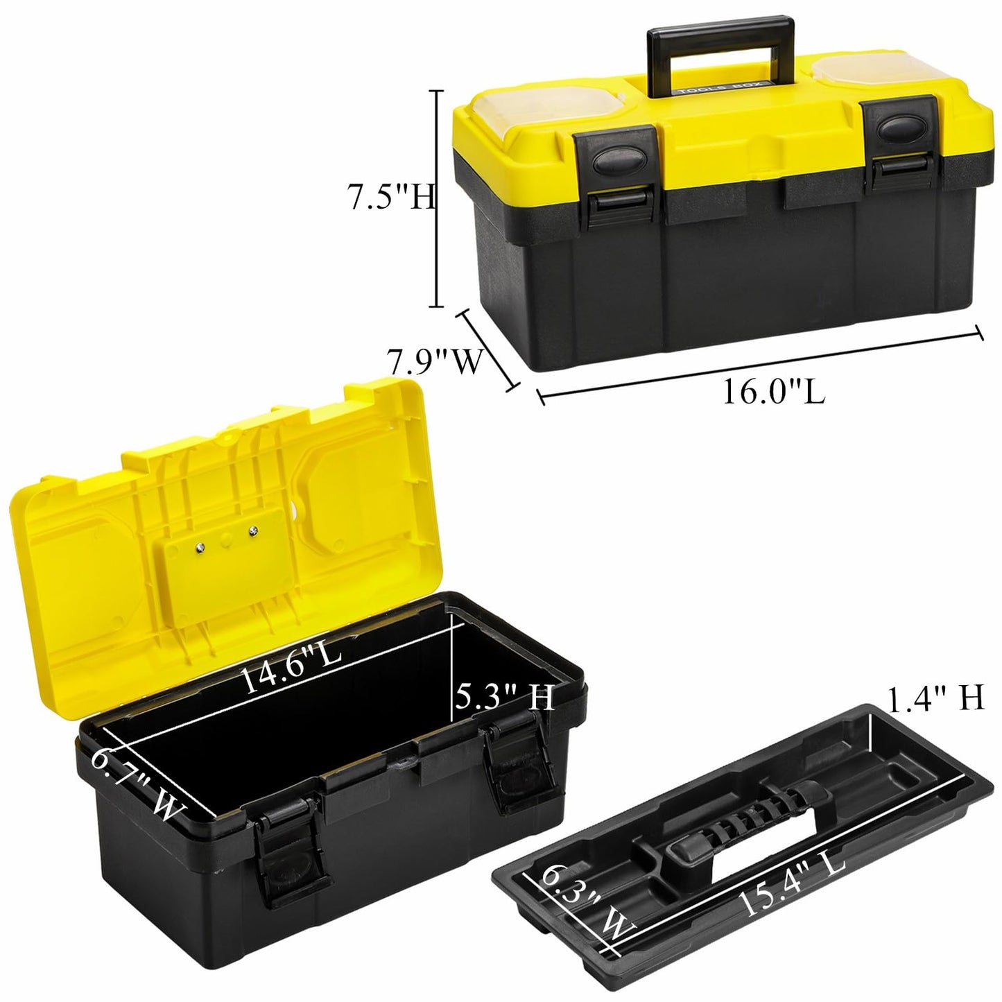 16 Inch Plastic Tool Box with Handle, Portable Toolbox with Removable Tray and Lockable , Heavy Duty Toolbox Organizer with Small Parts Box for Household Workshops Garages, Black Yellow