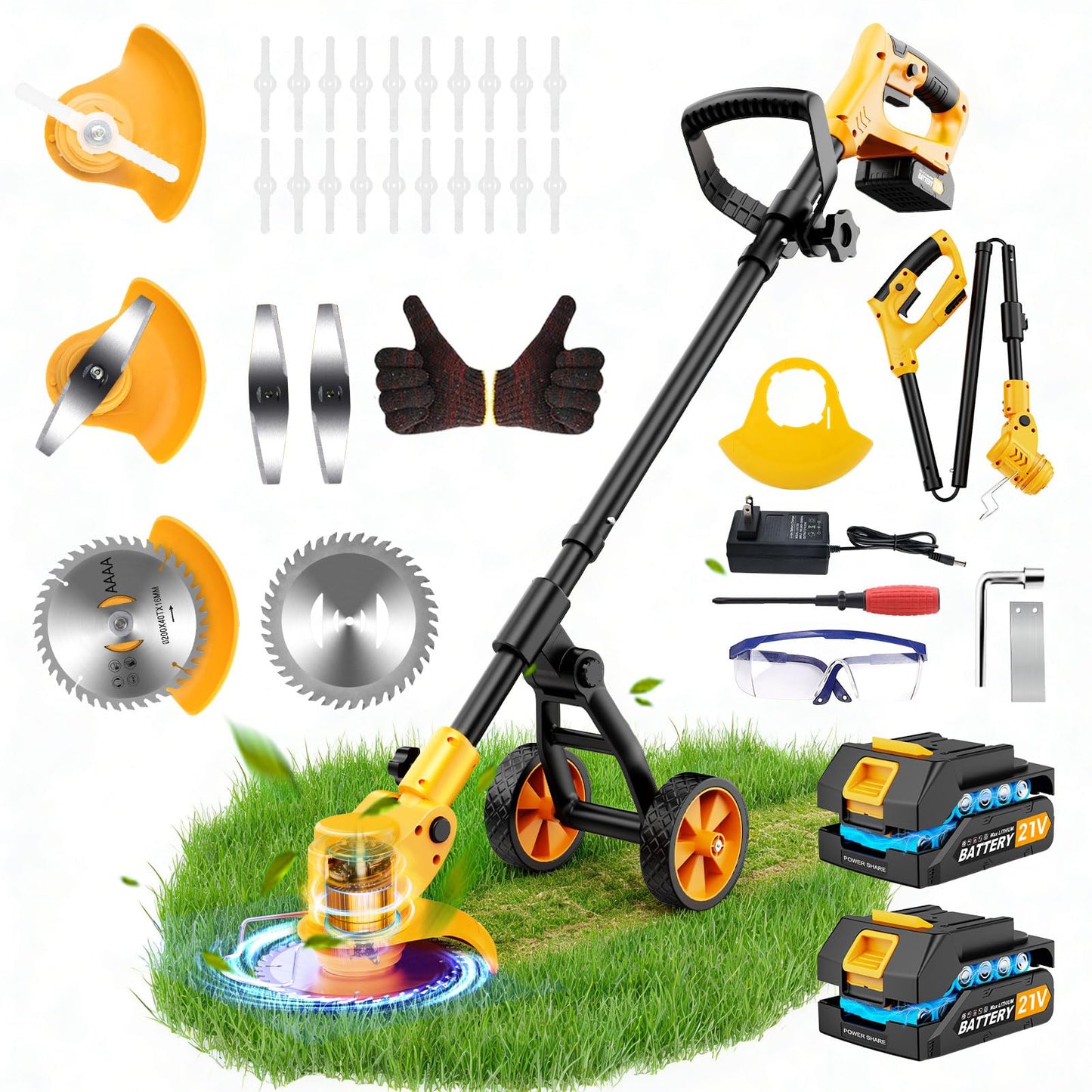 Electric Weed Wacker Cordless with Wheels,Electric Weed Eater Battery Powered,4 in 1 Grass Trimmer/Brush Cutter/Grass Edger/Small Lawn Mower,No String Trimmer with Metal Blade,2 Battery
