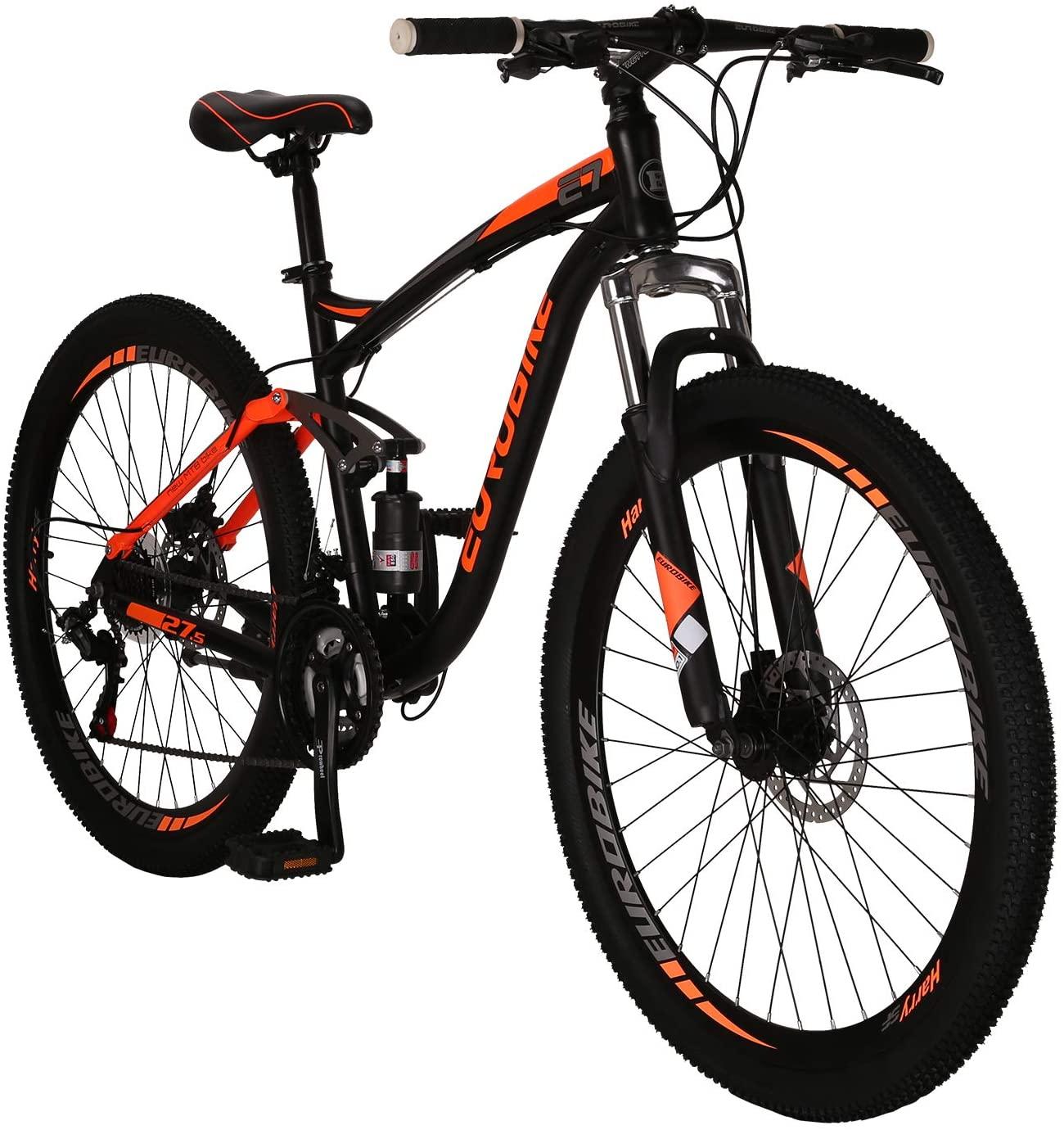 EUROBIKE OBK E7 Mountain Bike 21 Speed Bicycle 27.5” Full Suspension Mens Bikes Daul Disc Brakes MTB (Orange)