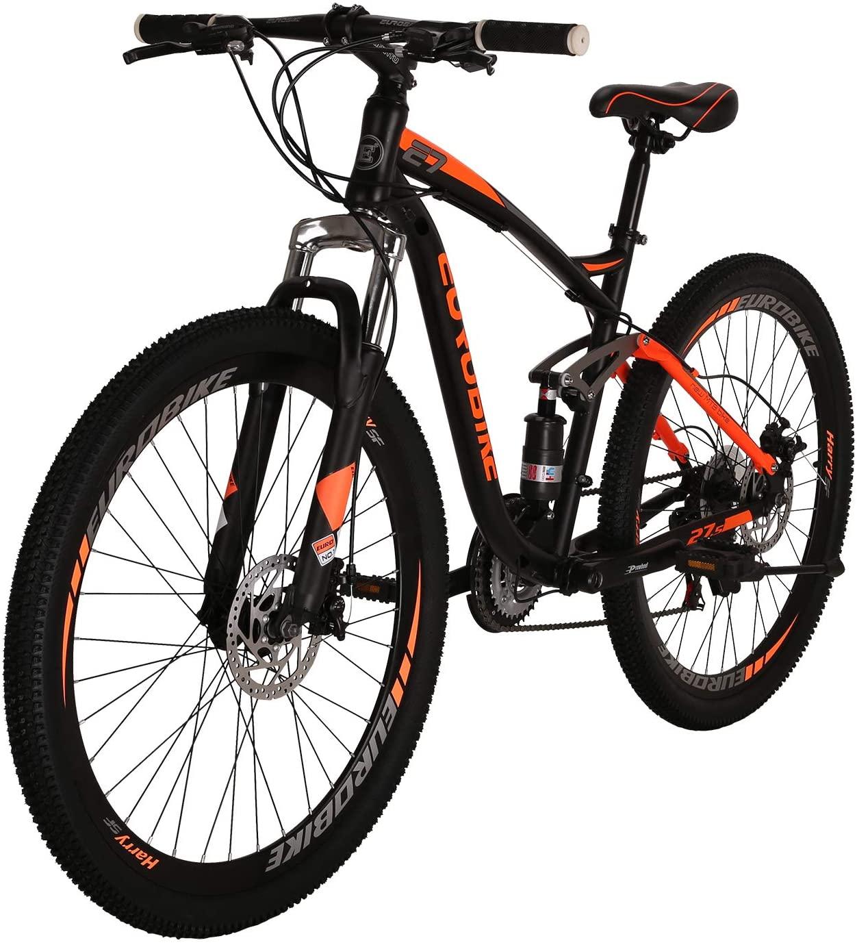 EUROBIKE OBK E7 Mountain Bike 21 Speed Bicycle 27.5” Full Suspension Mens Bikes Daul Disc Brakes MTB (Orange)