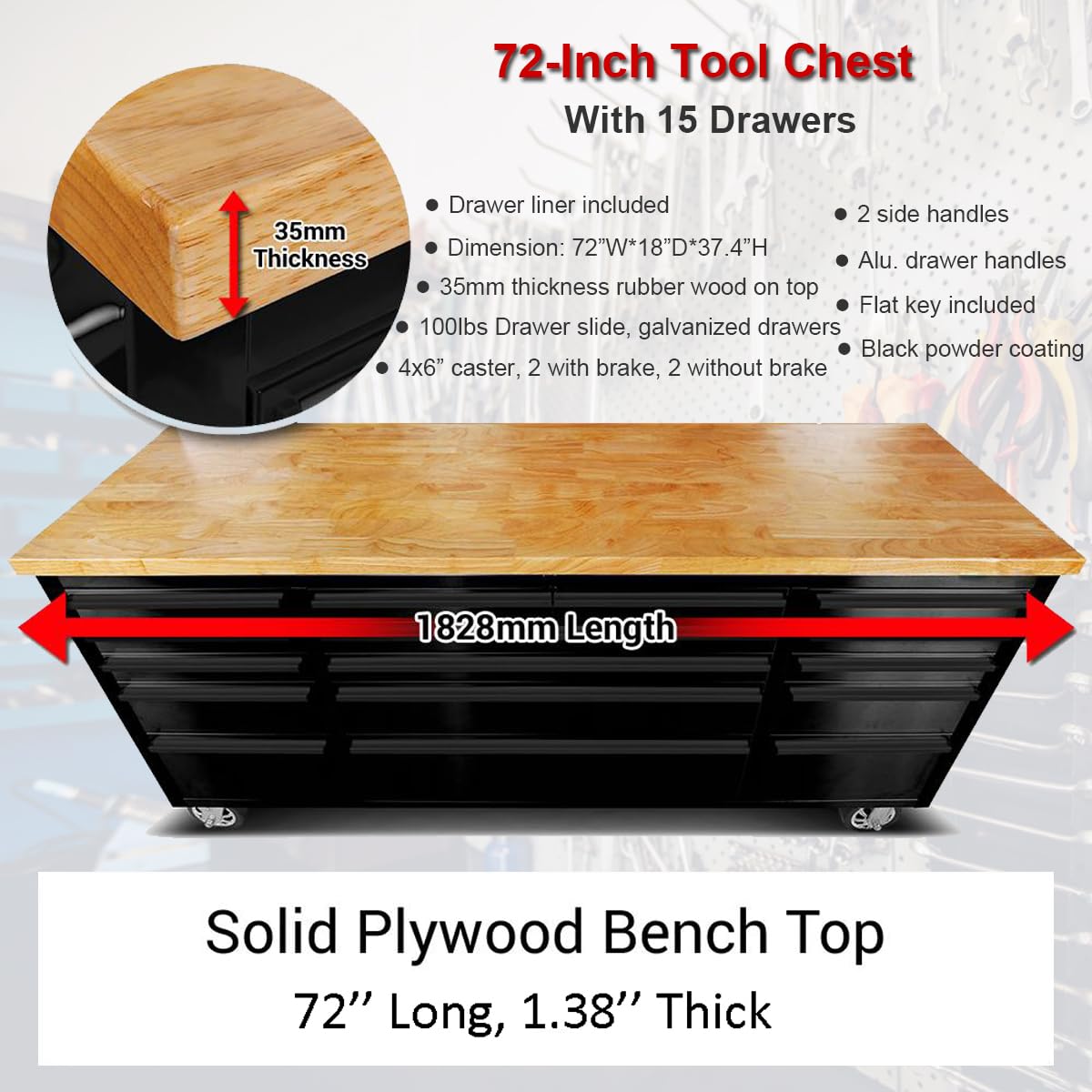 72" Rolling Tool Chest with 15 Drawers, Lockable StoraCabinet, Black Mobile Workbench, Assembled Black LarTool Box with Wheels for GaraWorkshop (1 × HTC7215PC-1)