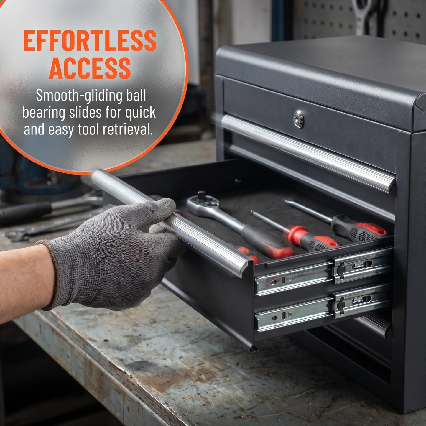 24" Portable Metal Tool Box, 5 Drawers Lockable Toolbox, Black | Top StoraTray, Carry Handle, Ball Bearing Runners, Tool Chest Cabinet for Garage, Warehouse, Repair Shop & Home