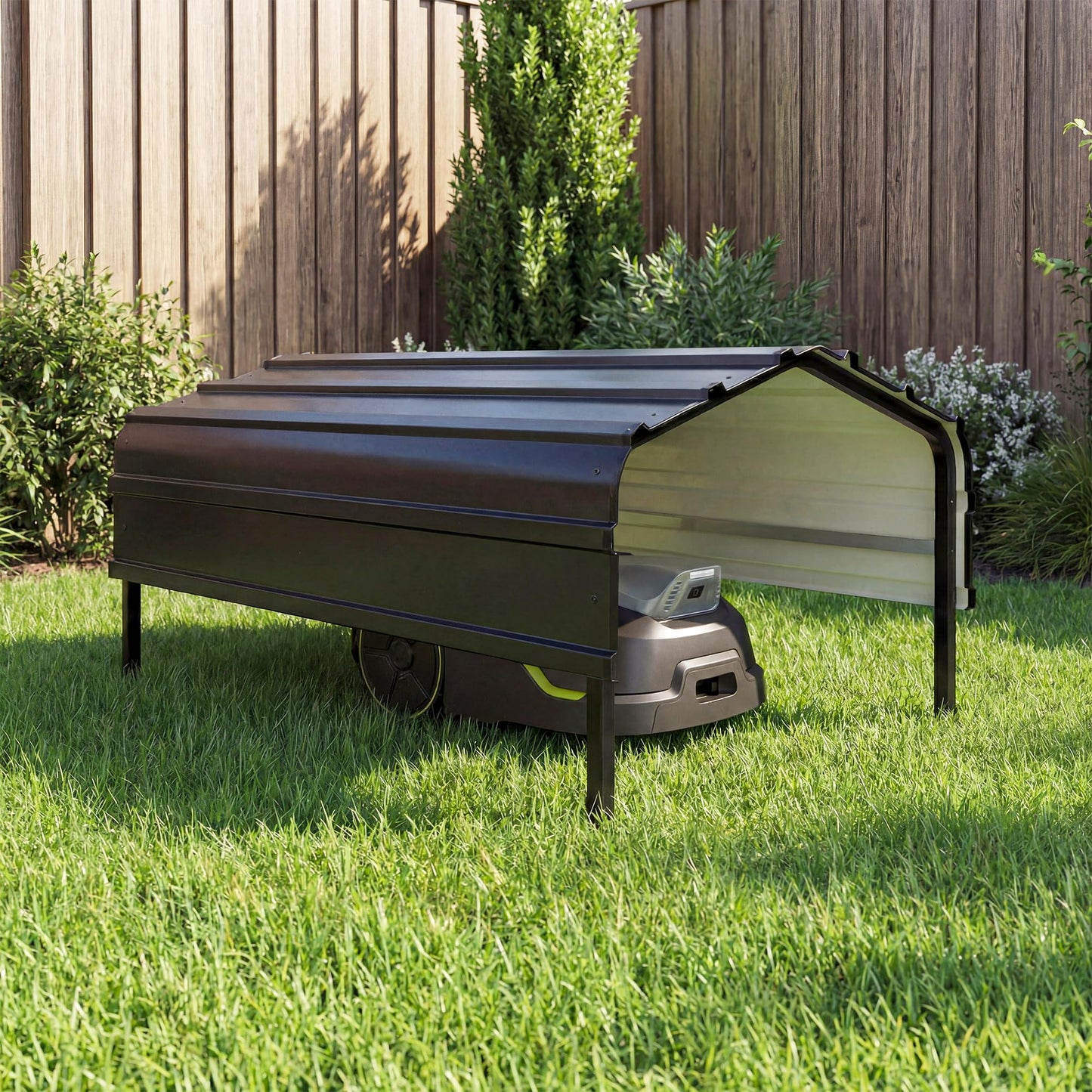 Robot Mower Garage, Outdoor StoraShed with Rust-Resistant Metal Roof, All-Weather Protection for Lawn Mowers, Garden Tool Fits Most Standard Lawn Mowers