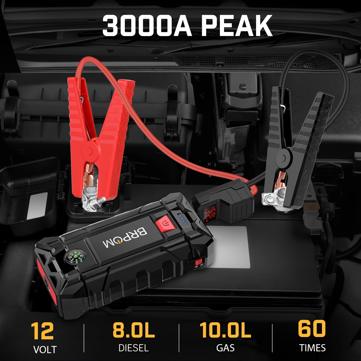 Car Jump Starter, 3000A Peak  (Up To 2.64gal Gas Or 2.11gal Diesel Engine, 50 Times) 12V Auto Booster Battery With  Charger Smart Jump Cables