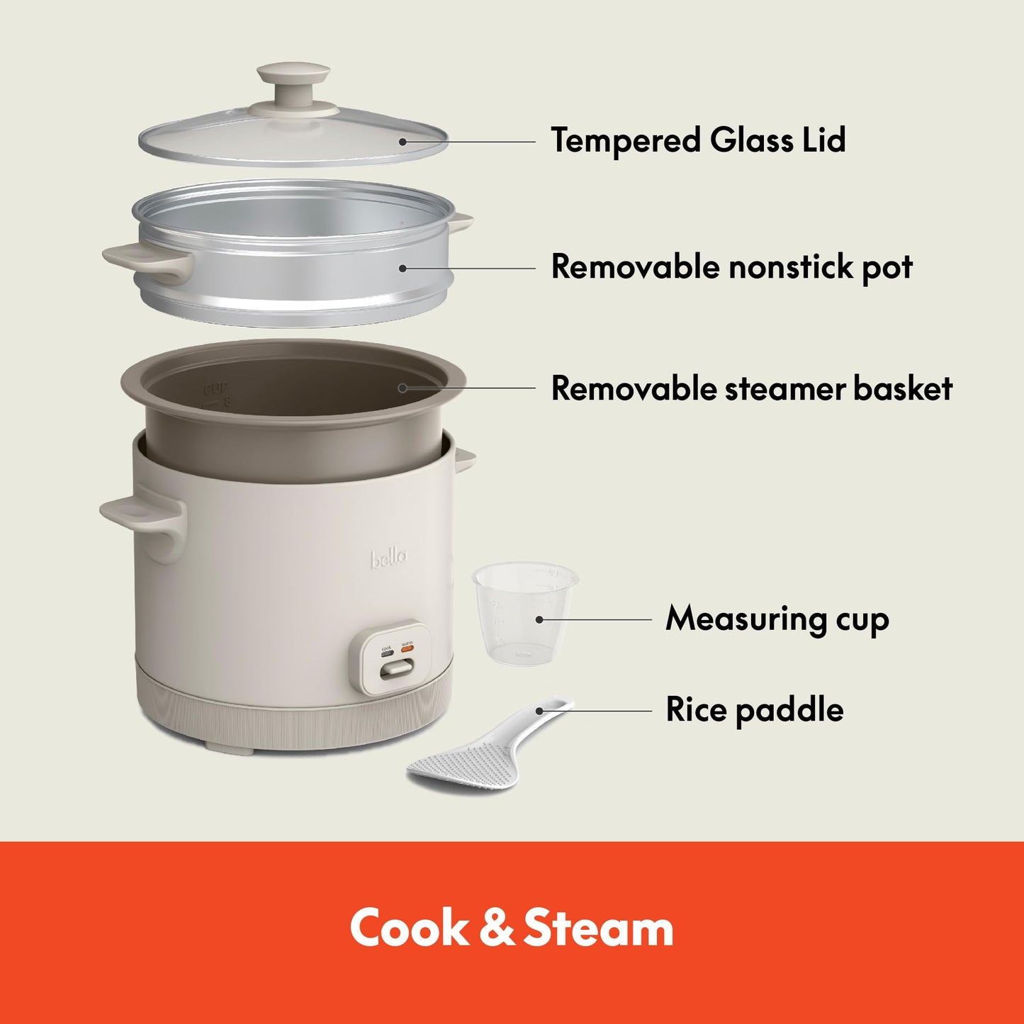 16 Cup Rice Cooker with Steamer, Dishwasher Safe Steaming Basket, Rice Paddle and Measuring Cup, Removable Nonstick CooBowl, Automatic Keep Warm Function, 400 Watt, Oatmilk