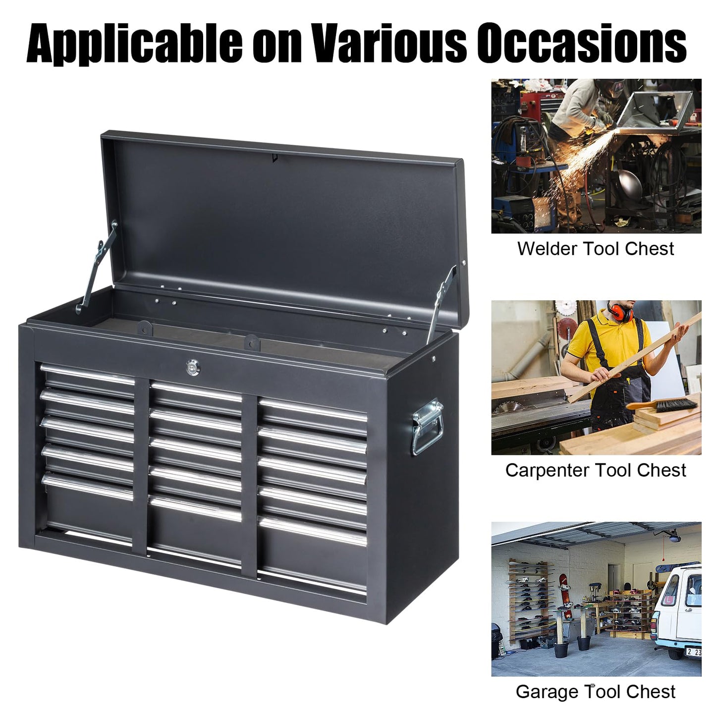 24" Portable Metal Tool Box, 5 Drawers Lockable Toolbox, Black | Top StoraTray, Carry Handle, Ball Bearing Runners, Tool Chest Cabinet for Garage, Warehouse, Repair Shop & Home