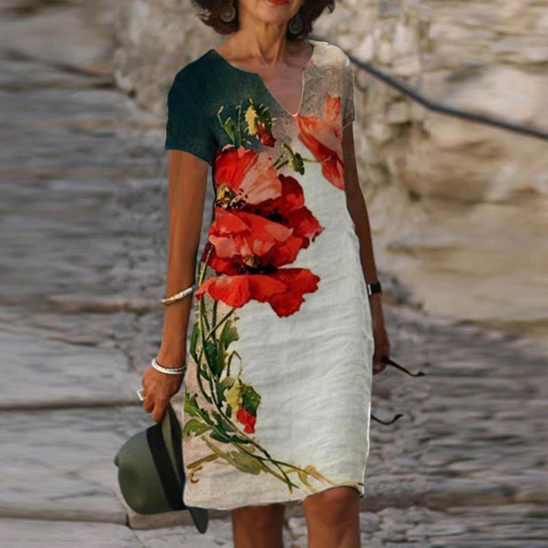 Fashion V-neck Short Sleeve Printed Dress
