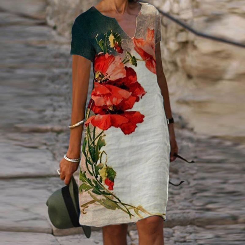 Fashion V-neck Short Sleeve Printed Dress