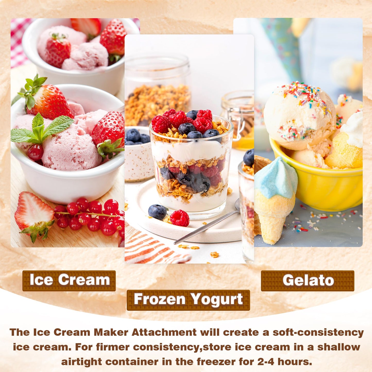 Ice Cream Maker Attachment for  Stand Mixer, Compatible with  4.5-5QT/5.5-6 Quart Stand Mixers Accessories, 2 Quart Frozen Yogurt/Ice Cream/Sorbet Gelato Maker