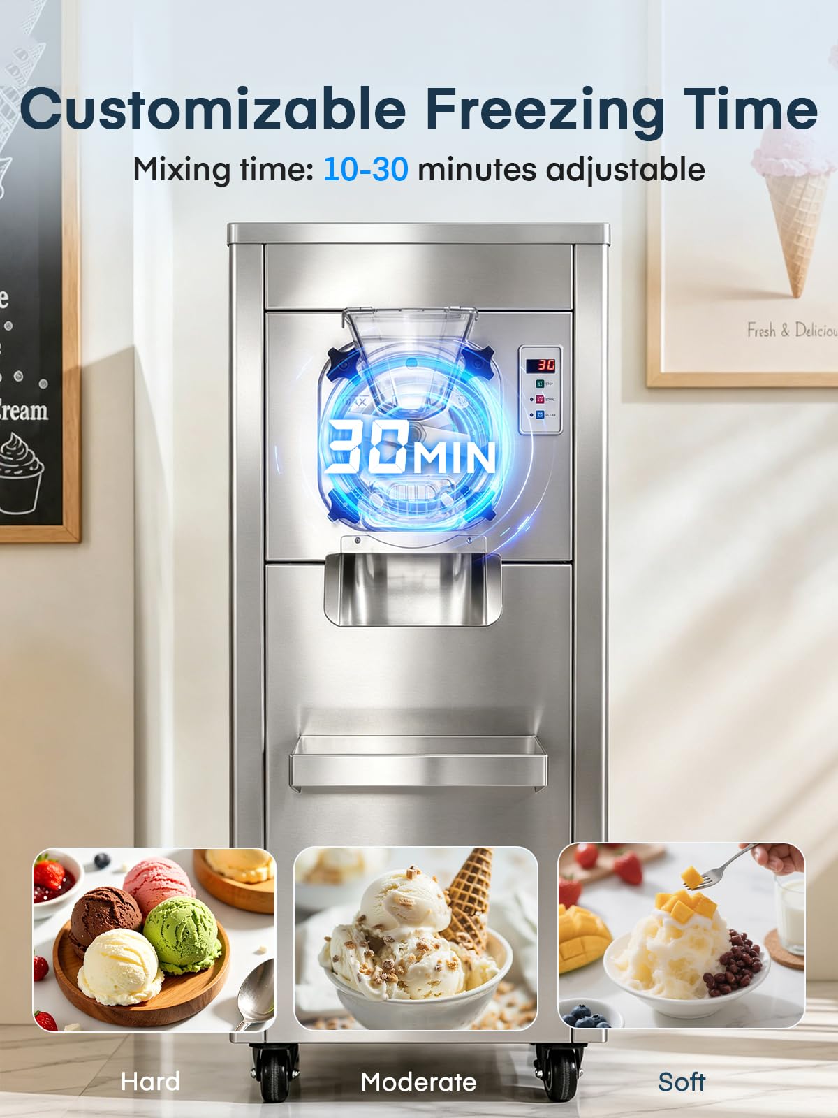 Commercial Ice Cream Machine 2000W, 20-28 L/H Yield Gelato Hard Serve Ice Cream Maker with 7L  Steel Cylinder,LED Panel, Timer, Auto Clean for Restaurants Snack cafes