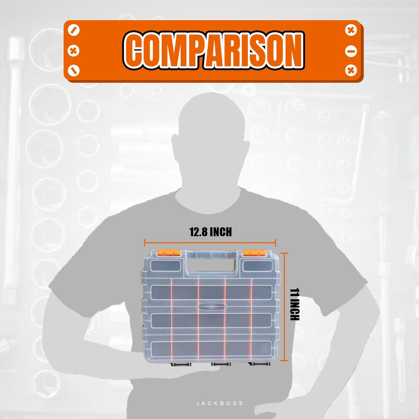 Tool Box with Transparent Lid, Double Side 34-Compartments Organizer Box with Removable Dividers for Hardware, Screws, Bolts, Nails, Beads, Jewelry and Fishing Accessories, Orange, 4 Pack