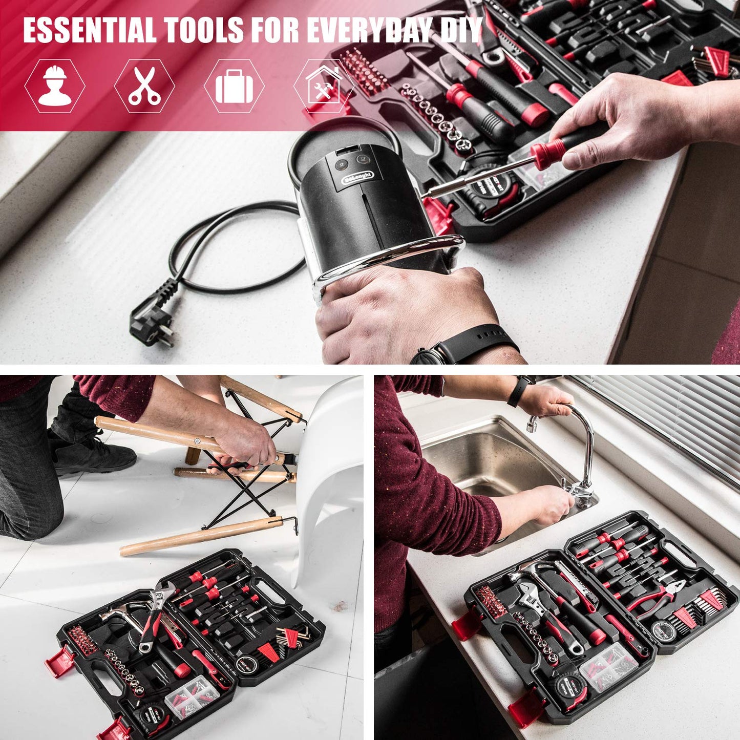 128-Piece Home Repair Tool Set, Tool Sets for Homeowners, General Household Hand Tool Set with StoraToolbox, EVHT12801, Black + Red (ASK01)