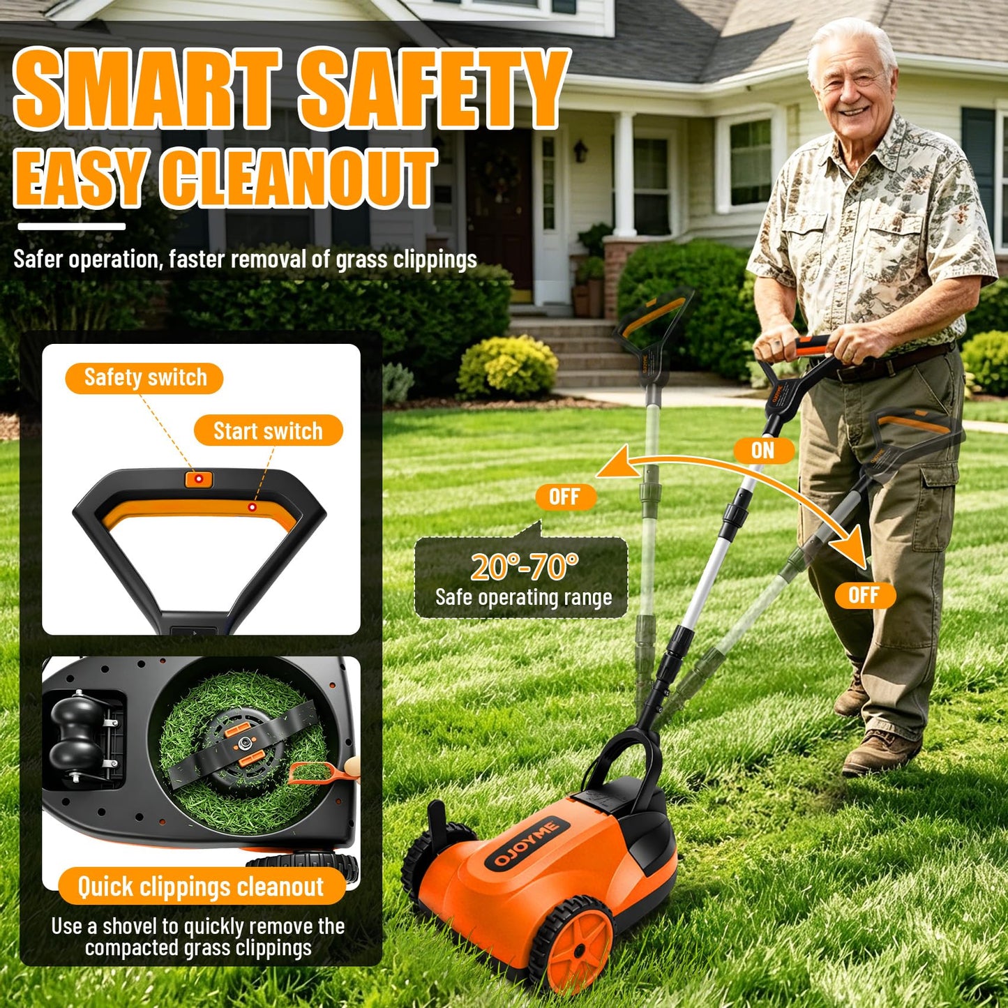 Mini Cordless Lawn Mower, 9 Inch Electric Grass Cutter, Brushless Motor, 2 x 21V 4.0Ah Batteries, 3 Adjustable Cutting Heights, Lightweight Push Mower for Small Yard &amp; Garden (Orange)