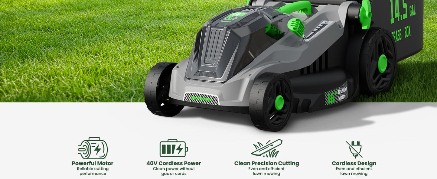 40V 16-Inch Brushless Cordless Lawn Mower with 4.0Ah Battery &amp; Charger, 2-in-1 Electric Push Mower, 5-Position Height Adjustment, Lightweight, Compact Storage, for Small Yards - Green