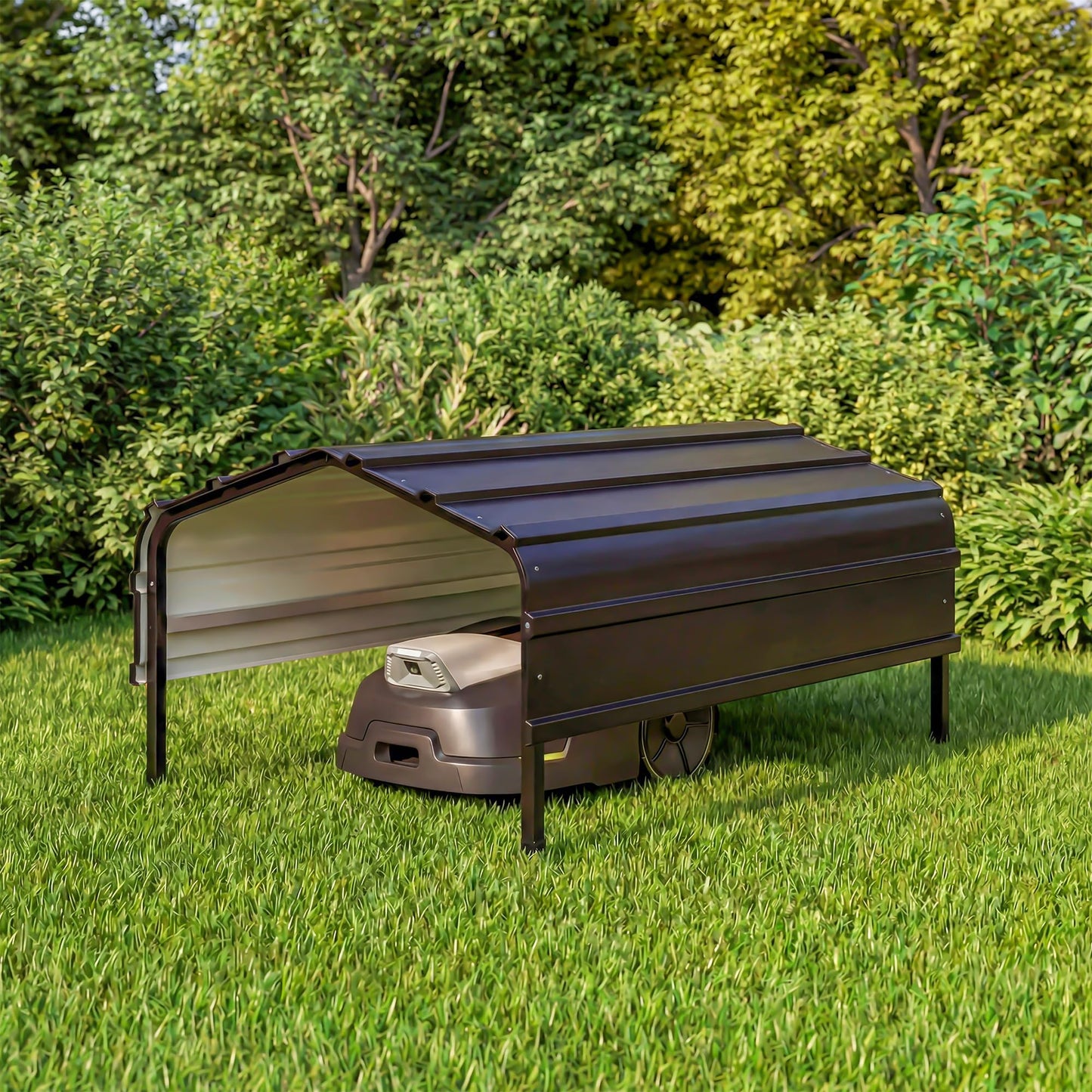 Robot Mower Garage, Outdoor StoraShed with Rust-Resistant Metal Roof, All-Weather Protection for Lawn Mowers, Garden Tool Fits Most Standard Lawn Mowers
