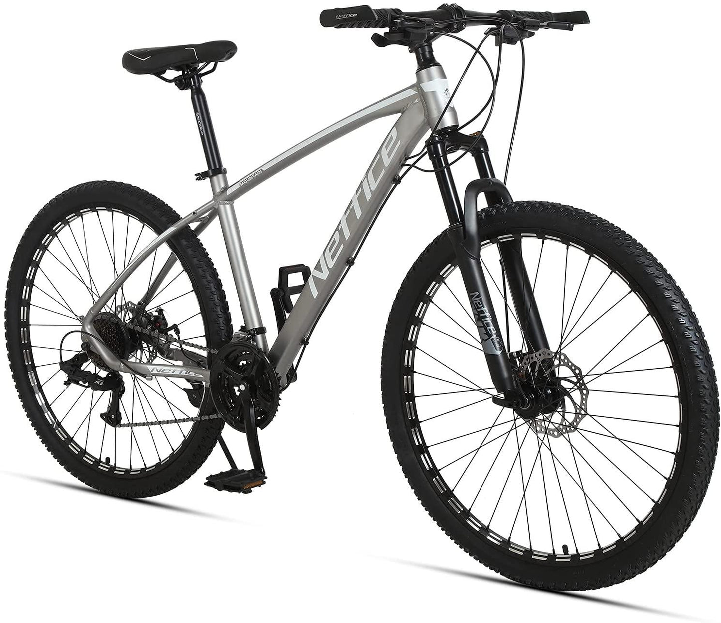Neffice Men Mountain Bike, Front Suspension, 24 Speed, 27.5 Inch Frame &amp; Wheels, Aluminum Frame,Double Disc Brake Bicycle with Repair Tools and Pumps for Adult Men Women (Matte Grey)