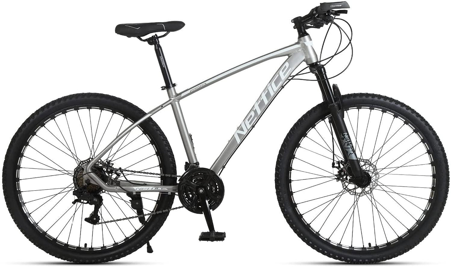 Neffice Men Mountain Bike, Front Suspension, 24 Speed, 27.5 Inch Frame &amp; Wheels, Aluminum Frame,Double Disc Brake Bicycle with Repair Tools and Pumps for Adult Men Women (Matte Grey)
