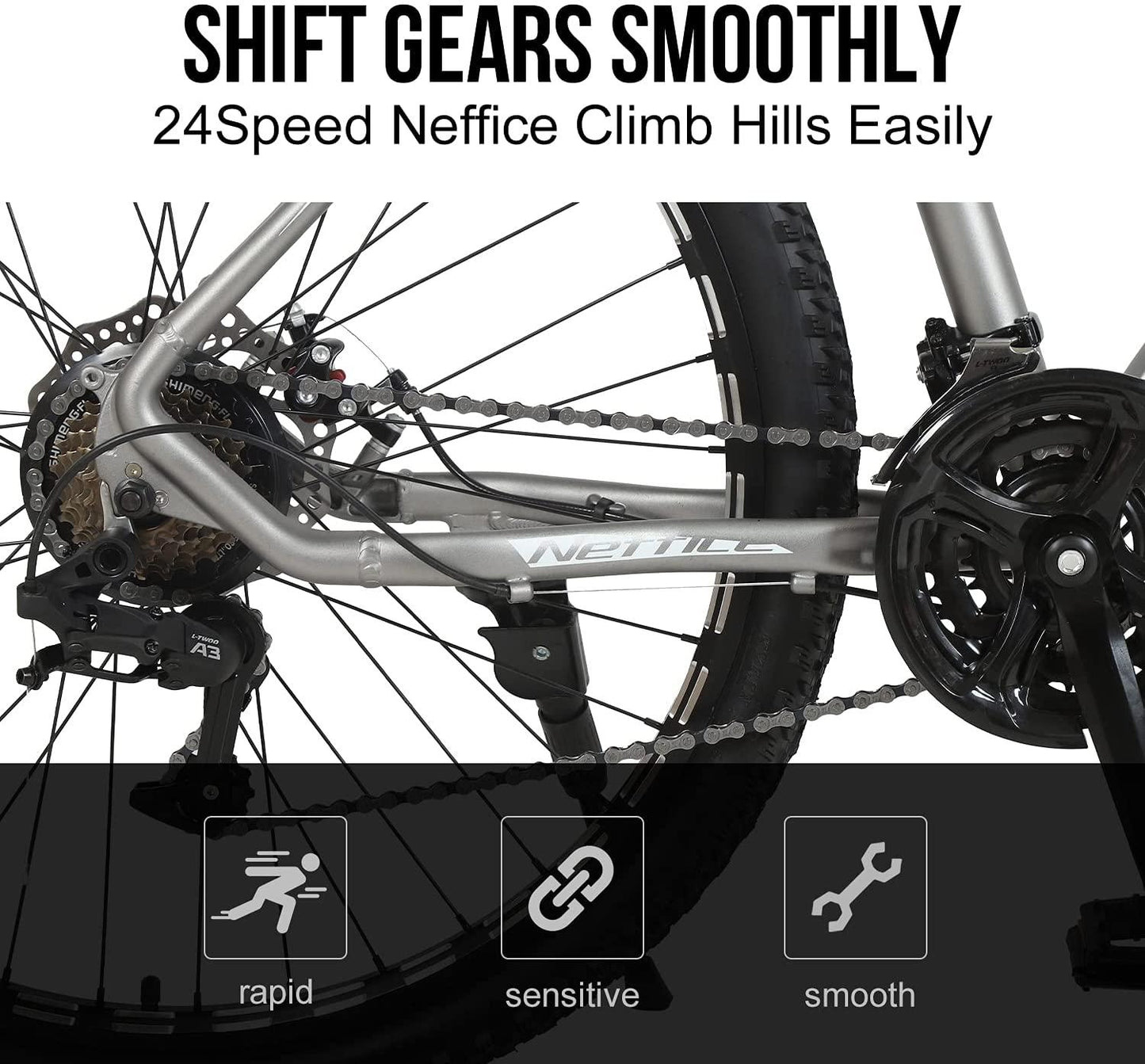 Neffice Men Mountain Bike, Front Suspension, 24 Speed, 27.5 Inch Frame &amp; Wheels, Aluminum Frame,Double Disc Brake Bicycle with Repair Tools and Pumps for Adult Men Women (Matte Grey)
