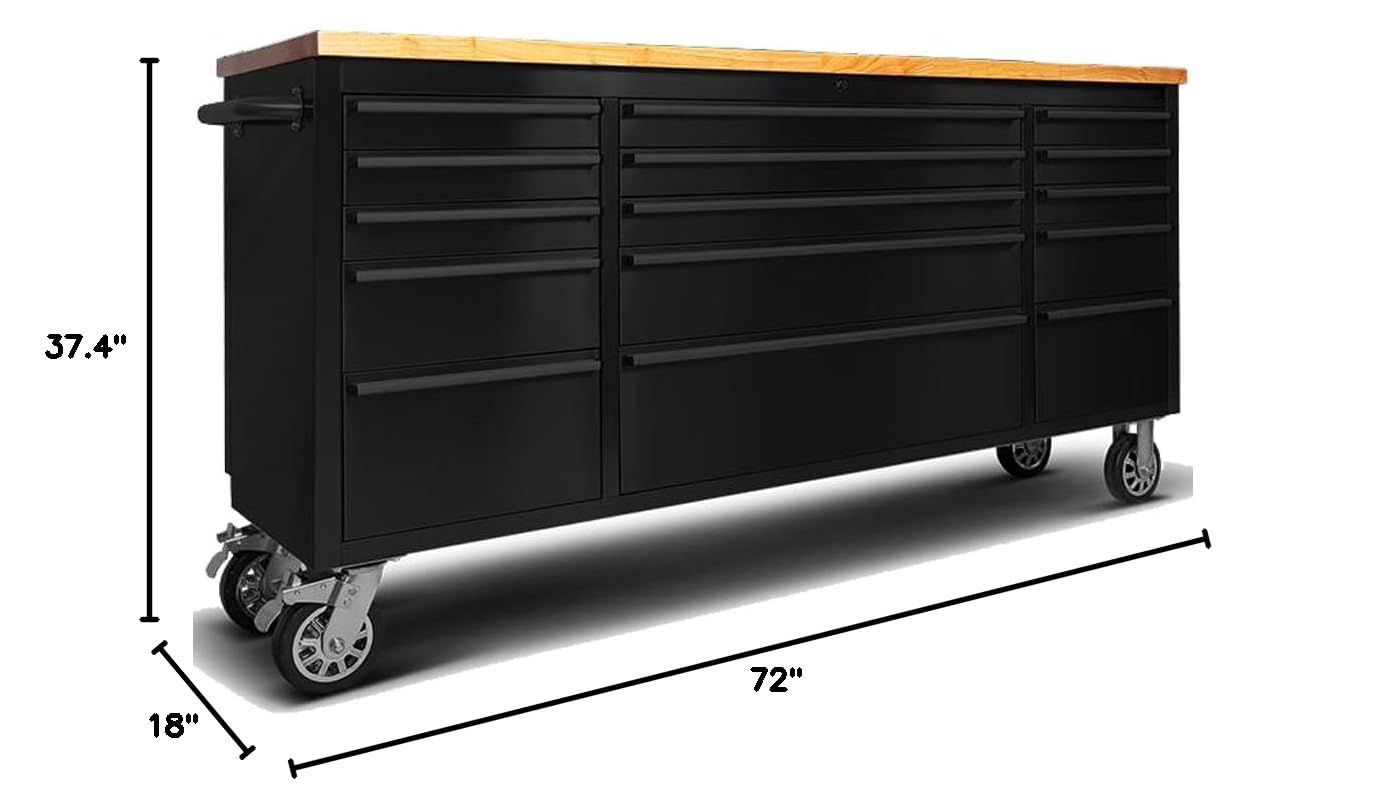 72" Rolling Tool Chest with 15 Drawers, Lockable StoraCabinet, Black Mobile Workbench, Assembled Black LarTool Box with Wheels for GaraWorkshop (1 × HTC7215PC-1)