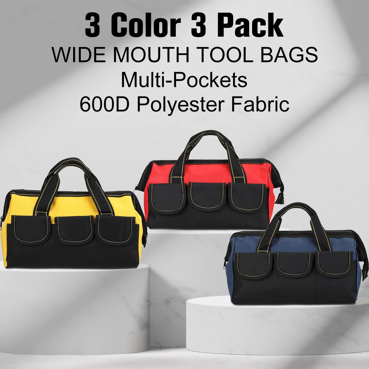 3 Pack Tool Bag for Men with Waterproof Hard Bottom, Heavy Duty Tool Bag Wide Mouth Tote for Various Instrument, Electrician Carpenter Mechanic(Blue, Red, Yellow,13 Inch,Classic)