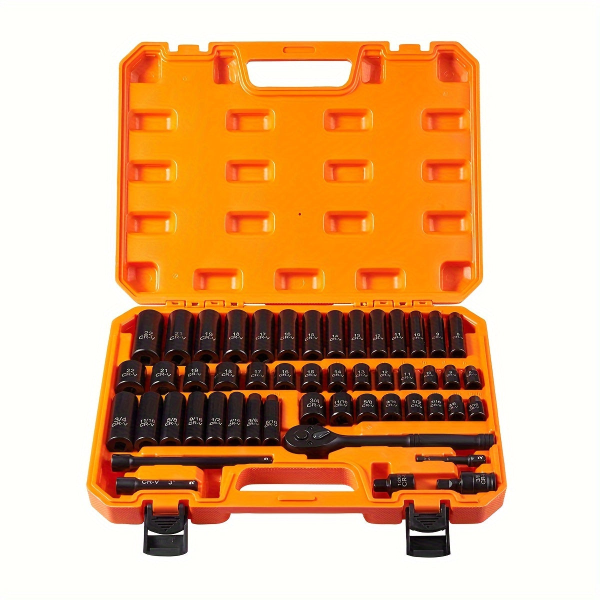 3/8" Socket Set, 6 Point, 50-Piece Standard Metric (8-22mm) And SAE (5/16-Inch To 3/4-Inch) Cr-V Steel Sockets With Adapters & Ratchet Handle