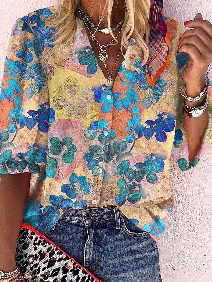 Loose Casual Leaf Print Short Sleeve Blouse