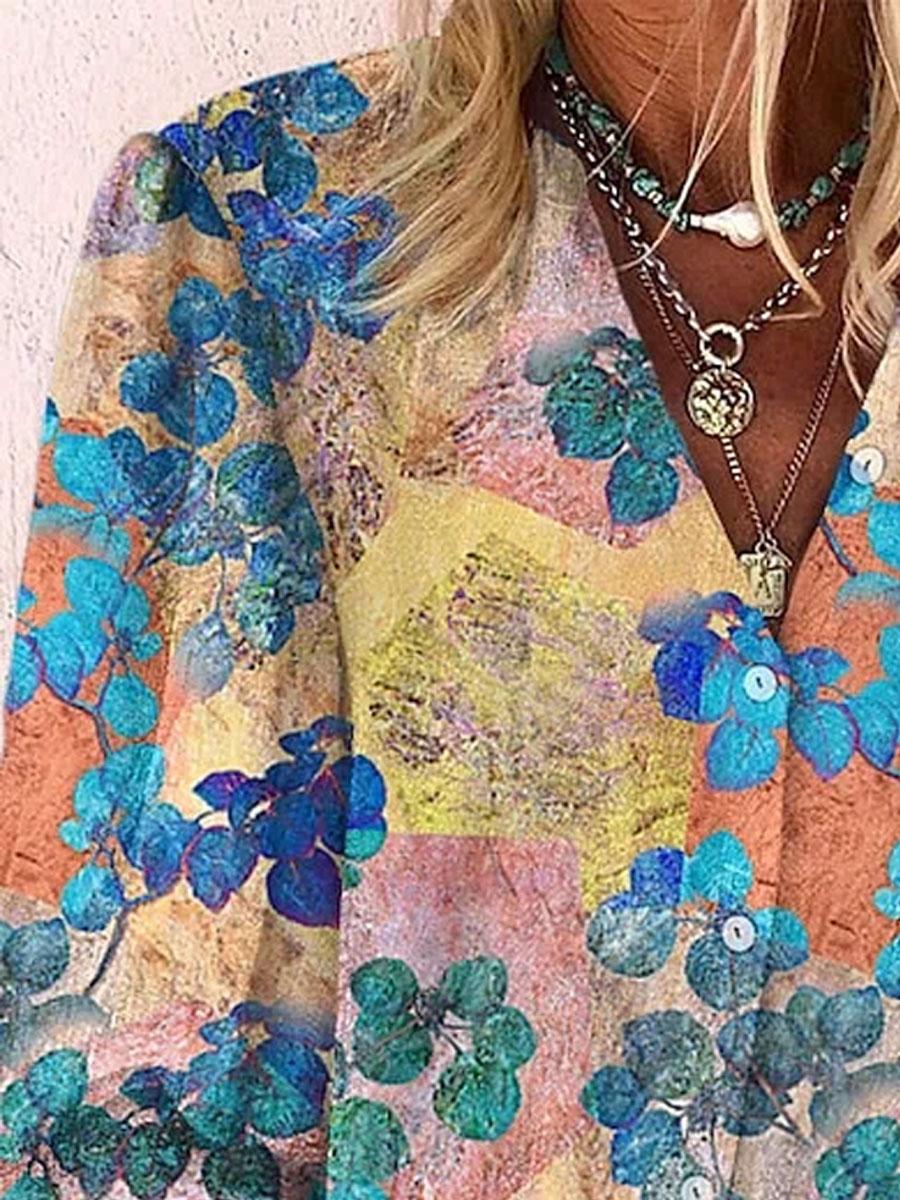 Loose Casual Leaf Print Short Sleeve Blouse