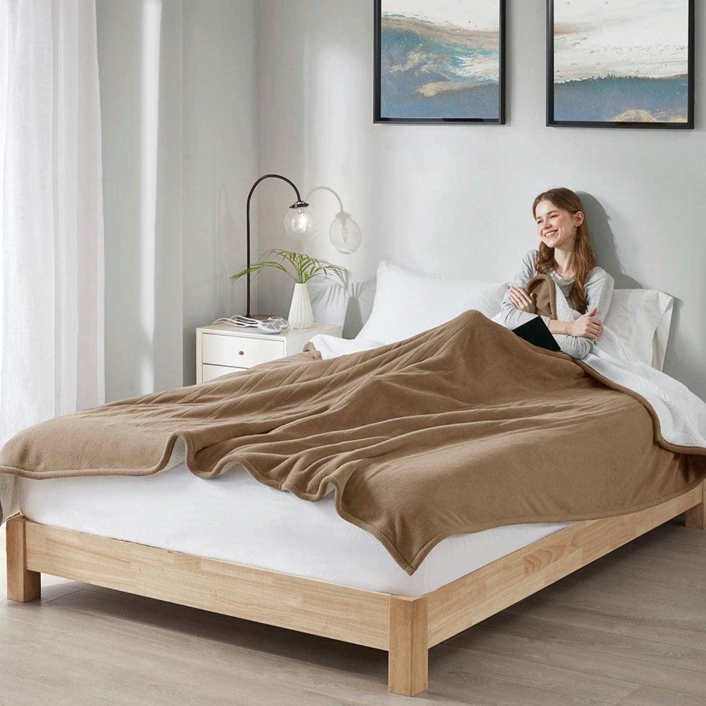 Gracie Mills Polyester Fleece to Sherpa Heated Blanket with Brown Finish ST54-0134